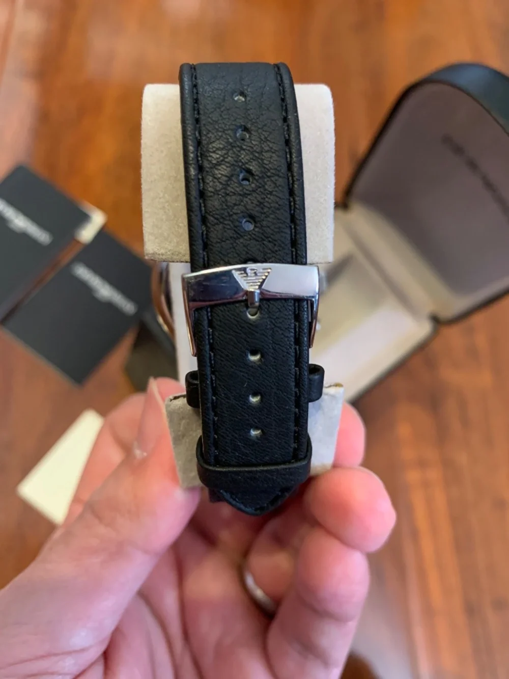 Emporio Armani Wrist Watch with Vibrating Alarm, Black Leather Strap, Certified
